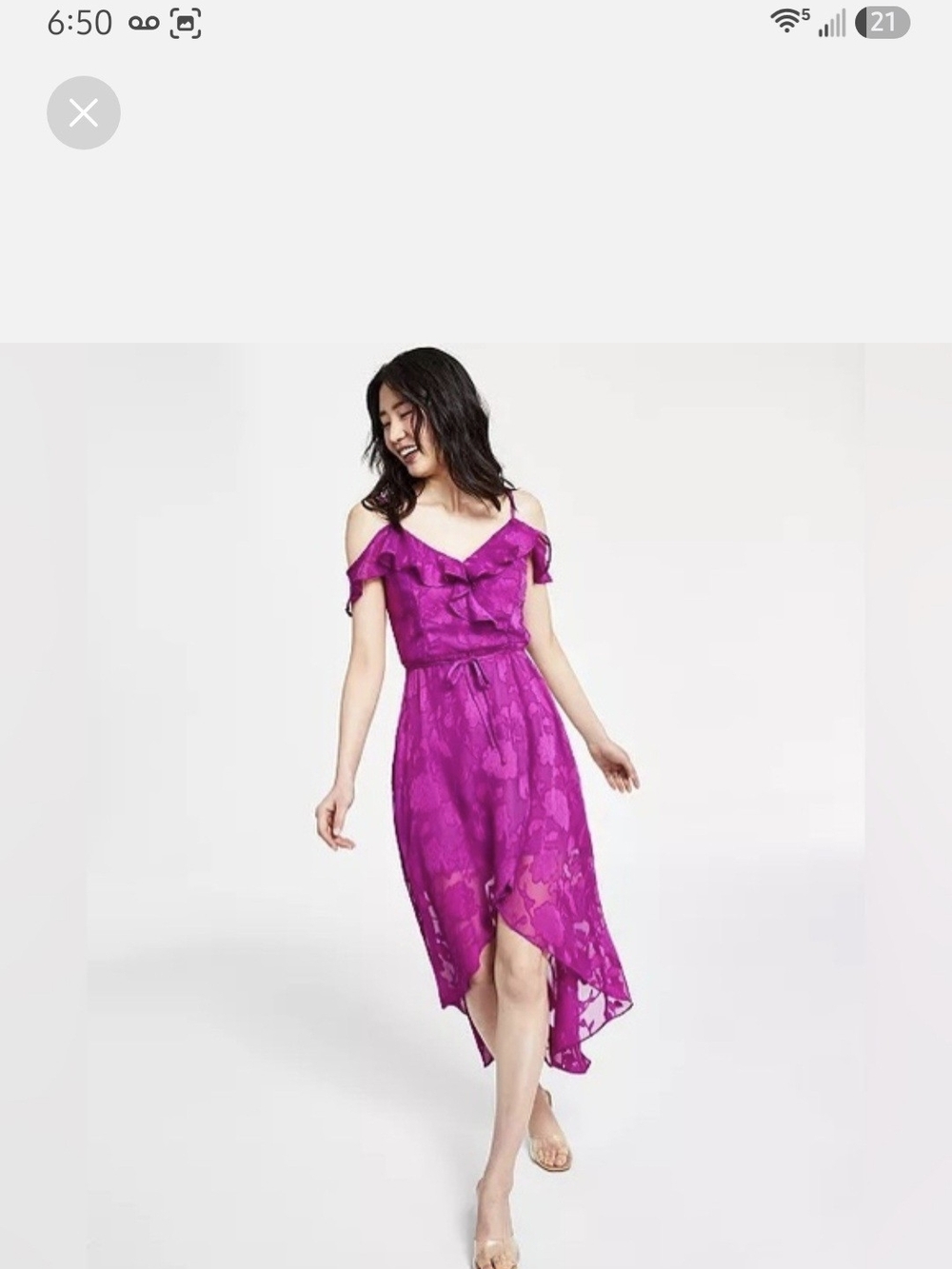 BCX Fuchsia Cold-Shoulder High-Low Lace Dress